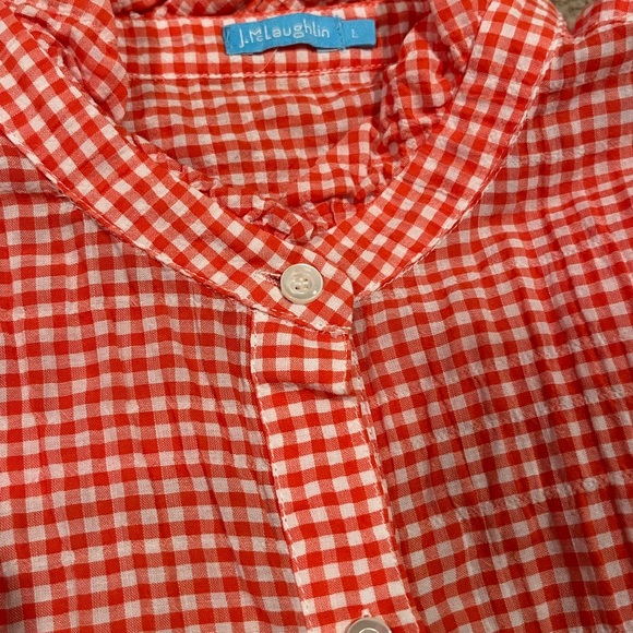 💥🦋BEAUTIFUL J.MCLAUGHLIN SIZE Large  LONG SLEEVE SHIRT seersucker red gingham - Picture 5 of 6